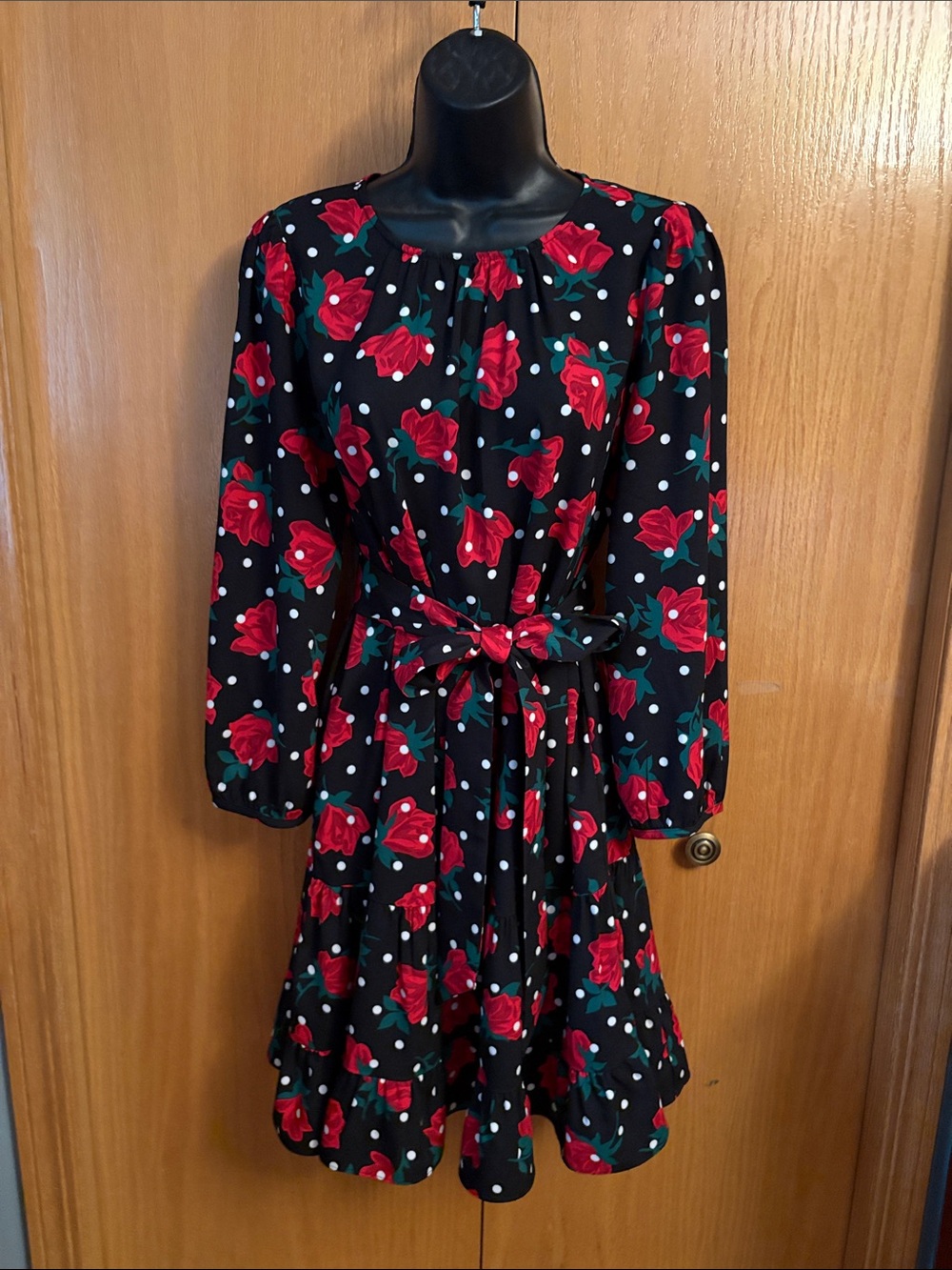 kate spade Black Floral Tie-Waist Long-Sleeve Dress with Red Roses